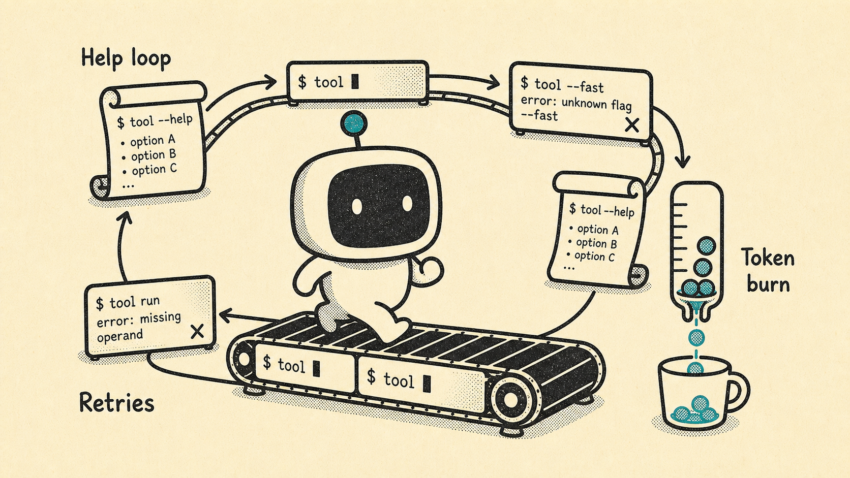 Illustration of an agent burning tokens in a help loop.